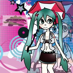  bad_drawing blue_eyes blue_hair breasts female female_only hatsune_miku headphones jacket_open skirt smile tagme umbrella vocaloid 