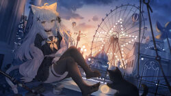  absurdres amusement_park animal_ears balloon black_cat black_serafuku black_skirt black_thighhighs cat_ears cat_girl cat_tail feline ferris_wheel flower grey_hair hair_flower hair_ornament highres indie_virtual_youtuber jacket katana long_hair night night_sky outdoors pink_haori pink_jacket pleated_skirt school_uniform serafuku shoes skirt sky somna sunlight sword tail thighhighs toes unworn_shoes weapon white_hair x_hair_ornament yazuki_(vtuber) yellow_eyes 