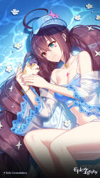  absurdres animal bikini blue_bikini blue_eyes blue_panties bracelet braid breasts brown_hair choker cleavage closed_mouth epic_seven facial_mark female hamster heart heart_choker heterochromia highleg highleg_panties highres holding holding_animal jacket jewelry light_smile luluca_(epic_seven) medium_breasts ocean_breeze_luluca_(epic_seven) official_art outdoors panties red_eyes see-through see-through_jacket solo swimsuit thighs tsurime twin_braids twintails underwear visor_cap water white_jacket 