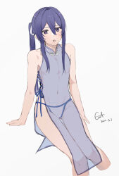  1boy :o ass_visible_through_thighs blue_dress blue_trim bow china_dress chinese_clothes collarbone covered_abs covered_navel covered_nipples covered_pectorals cross-laced_clothes cross-laced_dress dated dress ensemble_stars! feet_out_of_frame frog_button from_above groin hair_between_eyes hair_intakes hairbow highres kanzaki_souma knees_together_feet_apart looking_at_viewer male_focus mandarin_collar nancy980216 panties pelvic_curtain ponytail purple_eyes purple_hair see-through see-through_dress sidelocks signature simple_background sitting solo string_panties teeth thigh_gap underwear upper_teeth_only white_background white_bow white_panties 