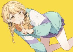  absurdres black_ribbon blonde_hair blue_skirt braid female finger_to_mouth fujita_kotone gakuen_idolmaster hair_ribbon highres idolmaster jacket long_hair long_sleeves looking_at_viewer low_twin_braids multicolored_clothes multicolored_jacket open_clothes open_jacket plaid_clothes plaid_skirt pleated_skirt ribbon shirt simple_background skirt smile solo twin_braids usamimikurage yellow_background yellow_eyes yellow_shirt 