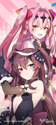  2girls absurdres armpits bare_shoulders black_gloves blue_eyes bow bowtie brown_hair center_opening cross_hair_ornament elbow_gloves epic_seven frilled_gloves frills gloves hair_ornament heterochromia highres long_hair luluca_(epic_seven) multiple_girls navel official_art pink_background pink_hair red_eyes sleeveless top_model_luluca_(epic_seven) two_side_up v yellow_eyes 