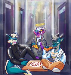  absurd_res blue_body food gunner hallway hi_res huge_filesize komo mff pizza purple_body rigel zorro_chino 