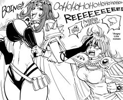  2girls absurdres ahoge amulet angry armor bb_(baalbuddy) breast_envy breasts cape cleavage commentary english_commentary greyscale highres large_breasts lina_inverse long_hair looking_at_another medium_breasts monochrome multiple_girls naga_the_serpent navel open_mouth sharp_teeth shoulder_armor slayers smile speech_bubble teeth very_long_hair 