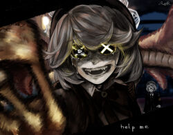  1boy black_hat blurry blurry_foreground claws collared_shirt commentary crying crying_with_eyes_open english_commentary english_text evil_grin evil_smile female glitch glowing glowing_eyes grey_hair grin hat help highres horror_(theme) looking_at_viewer m4sked murder_drones n_(murder_drones) o_o open_mouth sharp_teeth shirt short_hair signature smile symbol-shaped_pupils tears teeth thousand_yard_stare v_(murder_drones) wide-eyed wings x-shaped_pupils yellow_pupils 