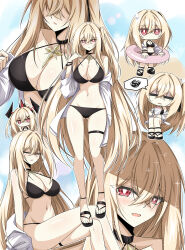  :d absurdres alternate_costume alternate_hairstyle ass_visible_through_thighs bare_shoulders bikini black_bikini black_footwear black_ribbon blurry blush bokeh brain_freeze breasts bright_pupils chibi chibi_inset cleavage commentary counter:side cross crossed_bangs crossed_legs cup d: demon_horns depth_of_field ecclesia_(counter:side) female food full_body hair_intakes hair_ribbon halterneck highres holding holding_cup holding_spoon holding_swim_ring horns jazz9207 large_breasts long_sleeves looking_at_viewer lowleg lowleg_bikini mole mole_under_eye multiple_views navel off_shoulder one_side_up open_clothes open_shirt pink_innertube red_eyes ribbon sandals shaved_ice shirt shirt_down sitting smile sparkle speech_bubble spoken_squiggle spoon squiggle standing stomach straight_hair sweatdrop swim_ring swimsuit thigh_strap white_pupils white_shirt 