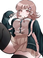  blush breasts brown_hair brown_skirt collared_shirt danganronpa_(series) danganronpa_2:_goodbye_despair female flipped_hair frown galaga hair_ornament hood ikemen&#039;na_ore-shi jacket long_sleeves looking_at_viewer medium_hair nanami_chiaki neck_ribbon open_clothes open_jacket pink_eyes pink_ribbon pleated_skirt ribbon shirt skirt solo thighhighs two-tone_shirt white_shirt 