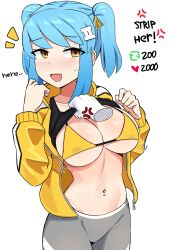  absurdres anger_vein assisted_exposure bikini bikini_under_clothes black_shirt blue_hair blush breasts cleavage clothes_lift collarbone covered_nipples cowboy_shot crop_top disembodied_hand english_text female grey_pants hair_ornament highres ii_(peps_art) jacket large_breasts looking_to_the_side meme micro_bikini navel navel_piercing open_mouth original pants peps_art piercing shirt shirt_lift short_twintails sideboob sidelocks simple_background smile swept_bangs swimsuit tight_clothes tight_pants track_jacket twintails twitter_strip_game_(meme) underboob undressing_another white_background yellow_bikini yellow_eyes yellow_jacket 