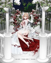  absurdres alternate_costume ass axe azur_lane blood blood_on_clothes blood_on_dress blood_on_flower blood_on_shoes blood_on_weapon blood_splatter breasts bridal_garter brown_hair center_opening character_name column commentary_request copyright_name dress dress_flower elbow_gloves female flower full_body gloves hair_flower hair_ornament high_heels highres holding holding_axe huge_breasts looking_at_viewer multicolored_hair mzet panties pillar red_eyes red_hair roon_(azur_lane) rose short_hair solo stiletto_heels streaked_hair two-tone_hair underwear weapon wedding_dress white_dress white_flower white_footwear white_gloves white_panties white_rose x_hair_ornament 