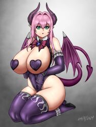  borrowed_character breastless_clothes breastless_leotard breasts cattleya_(houtengeki) covered_nipples demon_girl demon_horns demon_tail demon_wings female gloves hair_intakes heart_pasties highres horns huge_breasts jangogk87 leotard long_hair looking_at_viewer original pasties pointy_ears purple_gloves purple_horns purple_leotard purple_thighhighs purple_wings revision solo tail thighhighs thighs wings 