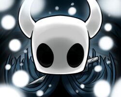  2019 2_horns ambiguous_gender arthropod black_eyes cloak clothing digital_media_(artwork) hollow_knight horn latiar looking_at_viewer melee_weapon mouthless nail_(weapon) nonbinary_(lore) particles shadow solo sword team_cherry the_knight_(hollow_knight) vessel_(species) weapon weapon_on_back white_head 