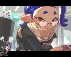  :o all_fours armband asymmetrical_hair black_jacket black_pants blue_hair blurry blurry_background bra breasts cephalopod_eyes clothes_pull commentary_request downblouse fallen_down female glasses hideyoshi_(swliyhbpe9xqqze) highres holding holding_microphone holding_paper horizontal_pupils jacket jellyfish_(splatoon) lanyard letterboxed looking_at_viewer medium_hair microphone multiple_views octoling oerba_yun_fang official_alternate_costume on_floor open_mouth panties pants pants_pull paper red-framed_eyewear red_eyes semi-rimless_eyewear shirt shiver_(splatoon) short_eyebrows splatoon_(series) splatoon_3 tentacle_hair under-rim_eyewear underwear white_bra white_panties white_shirt 