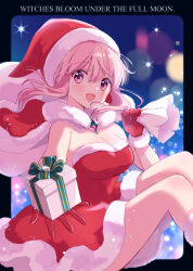  black_border blonde_hair border breasts capelet cleavage commentary_request copyright_name dress feet_out_of_frame female floating from_side fur-trimmed_capelet fur-trimmed_dress fur-trimmed_gloves fur-trimmed_headwear fur_trim gift giving gloves hara_yui hat highres holding holding_gift holding_sack large_breasts light_blush looking_at_viewer majo_wa_mangetsu_ni_saku minato_shima open_mouth outside_border pink_eyes red_capelet red_dress red_gloves red_hat sack santa_capelet santa_dress santa_hat smile solo strapless strapless_dress 