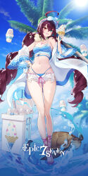  :d absurdres ahoge bikini blue_bikini blue_eyes blue_panties braid brown_hair epic_seven female food full_body heterochromia highleg highleg_panties highres ice_cream jacket long_hair luluca_(epic_seven) micro_shorts ocean_breeze_luluca_(epic_seven) off_shoulder official_art open_mouth panties pink_ribbon red_eyes ribbon sandals see-through see-through_jacket shorts smile swimsuit tsurime twin_braids twintails underwear very_long_hair visor_cap white_jacket white_shorts 