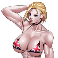  abs ahoge arm_behind_head arm_up armpits bikini black_choker blonde_hair blue_eyes breasts cammy_white choker cleavage collarbone female hand_on_own_head large_breasts looking_at_viewer multicolored_bikini multicolored_clothes muscular scar short_hair solo street_fighter street_fighter_6 swimsuit union_jack_bikini united_kingdom upper_body zinfian 