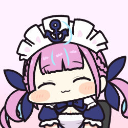  :3 ^_^ ahoge anchor_hat_ornament anchor_symbol aqua_hair blue_bow blue_dress blue_ribbon blush blush_stickers bow braid breasts chibi chibi_only cleavage closed_eyes closed_mouth colored_inner_hair commentary curly_hair dress drill_hair female hair_ribbon hat_ornament hololive jazz_jack long_hair lowres maid maid_headdress minato_aqua minato_aqua_(1st_costume) multicolored_hair pink_background pink_hair ribbon short_sleeves simple_background smile solo streaked_hair twin_drills twintails two-tone_hair upper_body virtual_youtuber white_headdress 