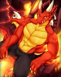  absurd_res aktiloth anthro bottomwear claws clothed clothing dragon dragon_city facial_horn fire flame_dragon_(dragon_city) flaming_wings habitat hair hi_res horn lava lava_bath lava_pool looking_at_viewer male mythological_creature mythological_scalie mythology pants pecs red_body red_scales rock scales scalie shirtless shirtless_anthro shirtless_male sitting sitting_on_ground teeth topless topless_anthro topless_male wings 