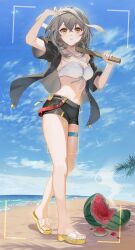  absurdres adapted_costume bandeau baseball_bat beach bikini bikini_top_only black_jacket black_shorts blue_sky breasts collarbone commentary day female food fruit grey_hair hand_up highres holding holding_baseball_bat honkai:_star_rail honkai_(series) ion_(on01e) jacket long_hair looking_at_viewer midriff navel ocean open_clothes open_jacket parted_lips revision sandals short_shorts short_sleeves shorts single_strap sky solo standing stelle_(honkai:_star_rail) stomach swimsuit thigh_strap thighs trailblazer_(honkai:_star_rail) viewfinder water watermelon white_bikini yellow_eyes 