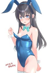  ame-san animal_ears asashio_(kancolle) bare_shoulders black_hair blue_eyes blue_leotard blush bow bowtie breasts cowboy_shot dated detached_collar embarrassed fake_animal_ears female highres kantai_collection leotard long_hair looking_at_viewer open_mouth playboy_bunny rabbit_ears simple_background small_breasts solo strapless strapless_leotard thighhighs twitter_username white_background white_thighhighs 