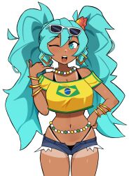  absurdres alternate_breast_size aqua_eyes aqua_hair bangle bare_shoulders bead_necklace beads bikini bikini_under_clothes bracelet brazilian_flag brazilian_miku breasts cleavage cowboy_shot crop_top dark-skinned_female dark_skin earrings exposed_pocket eyewear_on_head female hair_between_eyes hand_on_own_hip hatsune_miku highleg highleg_bikini highres jewelry large_breasts long_hair looking_at_viewer micro_shorts midriff navel necklace off-shoulder_shirt off_shoulder one_eye_closed open_fly open_mouth peps_art shirt short_sleeves shorts simple_background smile solo sunglasses swimsuit tan tanlines twintails very_long_hair vocaloid white_background 