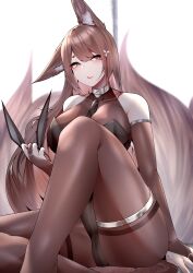  absurdres amagi_(azur_lane) animal_ear_fluff animal_ears ass azur_lane black_leotard bodystocking breasts brown_hair brown_tail cleavage collar fake_animal_ears female highres holding_hairband large_breasts large_tail leotard long_hair metal_collar multiple_tails pantyhose playboy_bunny purple_eyes samip simple_background solo strapless strapless_leotard tail thighband_pantyhose very_long_hair white_background 