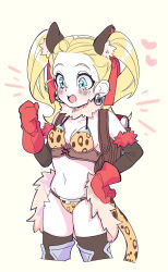  alternate_costume animal_ears animal_print aqua_eyes backpack bag bikini black_sleeves black_thighhighs blonde_hair blush breasts brown_bag cleavage clenched_hand commentary_request cowboy_shot detached_sleeves dragon_quest dragon_quest_builders_2 earrings fake_animal_ears fake_tail female female_builder_(dqb2) fur_choker fur_trim gloves hair_pulled_back hair_ribbon hand_on_own_hip heart highres hoop_earrings jaguar_print jewelry looking_down navel notice_lines open_mouth red_fur red_gloves red_ribbon ribbon roromoon silver_earrings small_breasts solo swimsuit tail thighhighs twintails white_background white_fur 