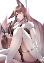  absurdres amagi_(azur_lane) animal_ear_fluff animal_ears ass azur_lane black_leotard breasts brown_hair brown_tail cleavage collar fake_animal_ears female highres holding_hairband large_breasts large_tail leotard long_hair metal_collar multiple_tails playboy_bunny purple_eyes samip simple_background solo strapless strapless_leotard tail very_long_hair white_background 