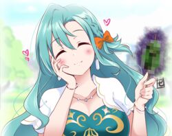  ^_^ aqua_dress aqua_hair blue_sky blush bow breasts censored censored_food chloe_(fire_emblem) closed_eyes cloud commentary_request day dress female fire_emblem fire_emblem_engage food hair_between_eyes hairbow hand_on_own_cheek hand_on_own_face hands_up highres holding holding_food holding_skewer large_breasts long_hair mosaic_censoring orange_bow short_sleeves skewer sky solo very_long_hair zero-theme 