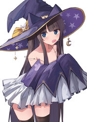  absurdres alternate_costume azur_lane bare_shoulders black_hair black_thighhighs blue_eyes blunt_bangs blush bow brown_hair camisole candy collarbone crescent detached_sleeves female food hat hat_bow hat_ornament highres leaning_forward lollipop long_hair long_island_(azur_lane) long_island_(long_island&#039;s_spooky_stream)_(azur_lane) long_sleeves looking_at_viewer misonikomi mouth_hold official_alternate_costume purple_hat simple_background sleeves_past_fingers sleeves_past_wrists solo spaghetti_strap straight_hair strap_slip thighhighs very_long_hair white_background witch_hat yellow_bow 