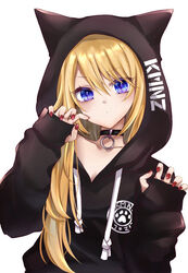  animal_ears black_hoodie blue_eyes chim_(dedechimly) claw_pose female hair_over_breasts hair_over_one_breast hood hood_up hoodie kmnz long_hair long_sleeves mc_lita paw_print sleeves_past_wrists solo v-shaped_eyebrows virtual_youtuber 