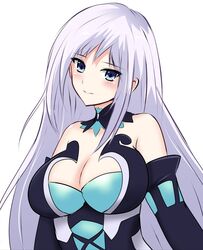  bare_shoulders blue_eyes blush breasts cleavage closed_mouth commentary_request detached_sleeves female grey_hair hair_between_eyes highres large_breasts light_persona long_hair magiquone neptune_(series) purple_hair seshiro_(which501) simple_background smile solo upper_body white_background 