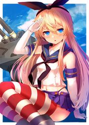  absurdres anchor anchor_hair_ornament black_hairband black_panties blonde_hair blue_eyes cowboy_shot crop_top elbow_gloves female gloves hair_ornament hairband highleg highleg_panties highres kantai_collection long_hair microskirt miniskirt o-sirius panties rensouhou-kun sailor_collar salute school_uniform serafuku shimakaze_(kancolle) skirt striped_clothes striped_thighhighs thighhighs underwear white_gloves 