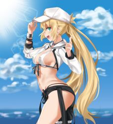  absurdres artoria_caster_(fate) artoria_caster_(swimsuit)_(fate) artoria_caster_(swimsuit)_(first_ascension)_(fate) artoria_pendragon_(fate) asymmetrical_clothes baseball_cap bikini black_pants blonde_hair blue_sky blush breasts cropped_jacket das_(dan_dan) fate/grand_order fate_(series) female green_eyes hat highres jacket long_hair long_sleeves looking_at_viewer medium_breasts navel open_mouth pants shrug_(clothing) sideboob single_pantsleg sky smile solo sunlight swimsuit thighs twintails white_bikini white_hat white_jacket 