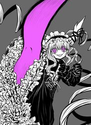  absurdres clenched_hand demon_girl demon_horns drill_hair female goth_fashion gothic_lolita highres horns kicking limited_palette lolita_fashion musuko_ga_kawaikute_shikatanai_mazoku_no_hahaoya nightmare_(mazohaha) pantyhose petticoat pink_pantyhose purple_eyes sharp_teeth solo teeth zyugoya 