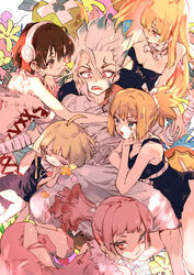  1boy 5girls :3 ahoge bandaged_arm bandages bare_shoulders blonde_hair blue_dress blue_eyes breasts brown_eyes brown_hair cleavage closed_eyes commentary_request cracked_skin dr._stone dress facial_mark floral_background flower green_hair headphones highres ishigami_senkuu kohaku_(dr._stone) lap_pillow large_breasts legs long_hair looking_to_the_side lying lying_on_lap momiji_homura multicolored_hair multiple_girls ogawa_yuzuriha open_mouth parted_lips pink_eyes pink_hair ponytail rope_belt ruri_(dr._stone) serizawa_nae short_hair sidelocks sleeping sleeveless sleeveless_dress spiked_hair suika_(dr.stone) surprised surrounded thighs white_hair 