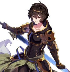  1boy ahoge armor bad_id bad_twitter_id brown_hair commentary_request fingerless_gloves gloves granblue_fantasy highres hood hood_down looking_at_viewer makita_(homosapiensu) male_focus open_mouth pantyhose red_eyes sandalphon_(granblue_fantasy) smile solo 