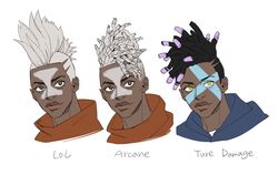  1boy arcane:_league_of_legends artistic_error black_eyes black_hair chinese_commentary commentary_request dark-skinned_male dark_skin dreadlocks ekko_(league_of_legends) facial_mark firelight_ekko grey_background grey_hair head highres league_of_legends looking_at_viewer male_focus multiple_views mush820823 official_alternate_costume short_hair simple_background smile true_damage_(league_of_legends) true_damage_ekko undercut 