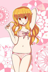  :o arm_behind_head blonde_hair blush bow bow_bra bra breasts cowboy_shot female highres long_hair orange_hair panties patterned_background pink_background pink_bra pink_panties sekaiju_no_meikyuu sekaiju_no_meikyuu_3 small_breasts solo tenjin underwear underwear_only white_background zodiac_(sekaiju) zodiac_4_(sekaiju) 