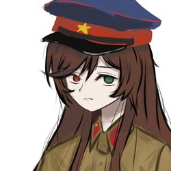  artist_request brown_hair commentary_request female green_eyes hat heterochromia military military_uniform nkvd peaked_cap portrait red_eyes rozen_maiden soviet suiseiseki uniform 