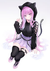  absurdres alternate_costume arm_at_side bad_id bad_pixiv_id belt belt_buckle black_hoodie black_thighhighs blush breasts buckle cat_girl cat_tail choker closed_mouth commentary_request female full_body hand_up heart highres hololive hood hood_up hoodie long_hair long_sleeves looking_at_viewer mashiro_shiki medium_breasts minato_aqua miniskirt pink_eyes pink_footwear pink_hair pleated_skirt purple_choker purple_skirt ribbon simple_background sitting skirt sleeves_past_wrists solo spikes tail tail_ornament tail_ribbon thighhighs very_long_hair virtual_youtuber white_background white_ribbon zettai_ryouiki 