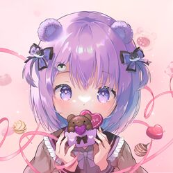  absurdres animal-themed_food animal_ears bear_ears black_sailor_collar candy chocolate commentary covered_mouth female food frilled_sailor_collar frills grey_shirt hair_between_eyes hands_up heart heart-shaped_chocolate highres holding holding_food long_sleeves looking_at_viewer original pink_background purple_eyes purple_hair rin_(fuwarin) sailor_collar shirt simple_background solo two_side_up upper_body valentine 