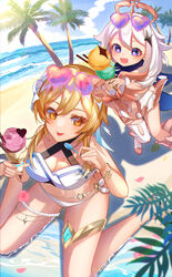  2girls :d :p absurdres beach blush breasts coconut eyewear_on_head food from_above genshin_impact halftone heart heart-shaped_eyewear highres holding holding_food holding_ice_cream horizon ice_cream leaf looking_at_another looking_at_viewer lumine_(genshin_impact) multiple_girls natsuki_yoru ocean outdoors paimon_(genshin_impact) palm_leaf palm_tree plant romper sand sitting smile sunglasses swimsuit thigh_strap tongue tongue_out tree wariza water white_romper 