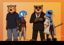  anthro avian baseball_bat bat_(object) beak bear bird black_nose blue_body blue_feathers boots bottomwear brass_knuckles brown_body brown_fur clothed clothing crop_top duo earpiece eyewear feathers female finch footwear fur gradient_background jacket katnay male mammal melee_weapon menacing_(disambiguation) midriff navel necktie oscine pants passerine r.j._(katnay) shirt simple_background size_difference smaller_female smile suit sunglasses tail tail_feathers topwear weapon worn_down_children zara_(katnay) 