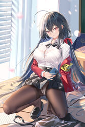  absurdres ahoge arino_ayarei arm_support armband azur_lane bag black_bow black_bowtie black_footwear black_hair black_skirt bow bowtie bra bra_visible_through_clothes breasts brown_pantyhose button_gap cellphone classroom clothes_lift collared_shirt crossed_bangs day dress_shirt female full_body glasses hair_between_eyes hair_ribbon hairbow highres holding holding_phone huge_ahoge indoors jacket large_breasts leaning_back lifting_own_clothes long_hair long_sleeves looking_at_viewer off_shoulder official_alternate_costume on_floor open_clothes open_jacket panties panties_under_pantyhose pantyhose paper parted_lips petals phone pleated_skirt red_bow red_eyes red_jacket red_ribbon ribbon round_eyewear school_uniform shirt shirt_tucked_in shoes sidelocks single_shoe skirt skirt_lift smartphone solo squatting sunlight taihou_(azur_lane) taihou_(sweet_time_after_school)_(azur_lane) taut_clothes thighband_pantyhose thighs tiptoes toes underwear very_long_hair white_bra white_panties white_shirt window_blinds yellow_armband 