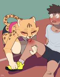  absurd_res akino_(el-k) anthro athletic_wear blood bodily_fluids bottomwear breasts cheetah claws closed_eyes clothed clothing crouching digital_media_(artwork) duo el-k felid feline female fingers footwear fur gym_bottomwear gym_shorts hair hi_res human kouda_(el-k) licking male male/female mammal open_mouth pain scratch shirt shoes shorts sitting sports_panties spots sweat tongue tongue_out topwear track tuft wounded 