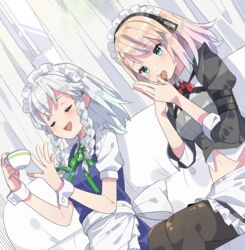  2girls absurdres apron blonde_hair blue_eyes commission commissioner_upload cookie couch food g36_(girls&#039;_frontline) g36_(mod3)_(girls&#039;_frontline) girls&#039;_frontline highres izayoi_sakuya laughing maid maid_apron maid_headdress multiple_girls pa._(tatuya28001) sitting skeb_commission smile tea touhou white_hair 