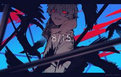  1boy amamiya_hibiya bird blood blue_background commentary crow dated dated_commentary half-closed_eyes hatching_(texture) highres kagerou_days_(vocaloid) kagerou_project letterboxed looking_at_viewer male_focus nanora_(sero4) red_eyes shirt short_sleeves simple_background sleeveless sleeveless_shirt smile upper_body vest 