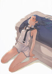  absurdres bare_legs bare_shoulders barefoot blue_eyes blue_hair blush branch_(blackrabbits) female futon gradient_hair highres kantai_collection long_hair looking_up multicolored_hair non-web_source open_mouth sailor_collar samidare_(kancolle) scan school_uniform serafuku shirt sitting skirt sleeveless sleeveless_shirt solo swept_bangs very_long_hair wariza white_serafuku white_skirt 