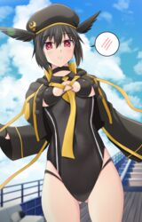  ass_visible_through_thighs black_choker black_hair black_hat black_jacket black_one-piece_swimsuit black_wings blue_sky blush breasts buttons choker closed_mouth clothing_cutout cloud commentary_request covered_navel cross_(crossryou) day fate/grand_order fate_(series) female hair_between_eyes hat head_wings highres jacket long_sleeves looking_at_viewer medium_breasts one-piece_swimsuit open_clothes open_jacket ortlinde_(fate) ortlinde_(swimsuit_assassin)_(fate) outdoors red_eyes short_hair sky solo speech_bubble swimsuit valkyrie_(fate) wings 