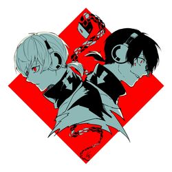  2boys arrow_(symbol) arrow_print back-to-back black_hair commentary cropped_shoulders dark_konoha dark_persona diamond_(shape) dual_persona evil_smile facial_mark from_side hair_between_eyes headphones highres kagerou_project konoha_(kagerou_project) looking_to_the_side low_ponytail male_focus monochrome multiple_boys nanora_(sero4) neck_warmer parted_lips profile red_background red_eyes shirt short_hair short_ponytail simple_background smile snake spot_color two-tone_background upper_body white_hair 